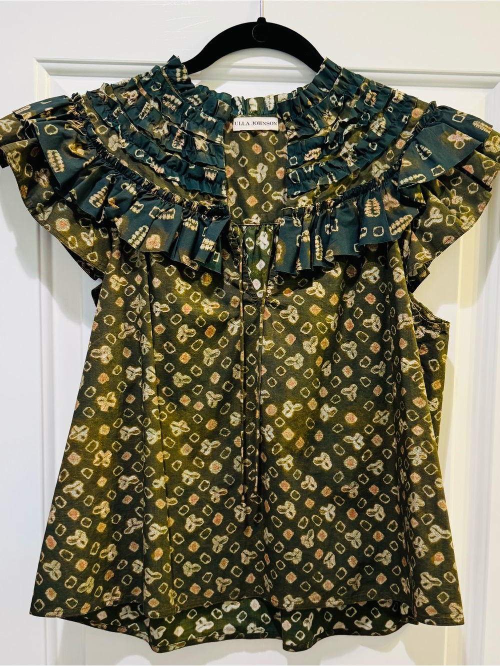 Ulla Johnson Girls' Olive Green Ruffle Yoke Blouse